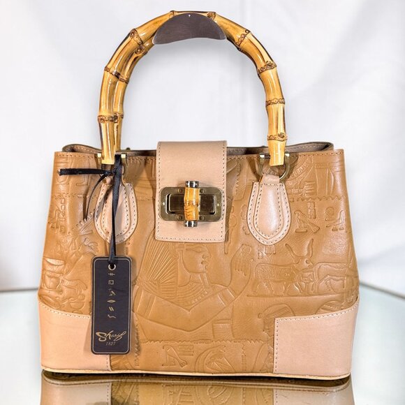Sharif Legacy Hieroglyphic Egyptian Leather Satchel with Bamboo Handles - New - Picture 2 of 16
